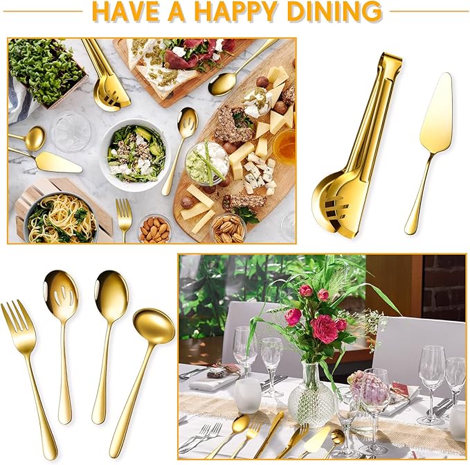 Patelai Serving Utensils Set Include Stainless Steel Large Spoons Slotted Spoons Forks Tongs Soup Ladle and Pie Server for Parties Buffet Catering, Dishwasher Safe(Gold,10 Pieces)
