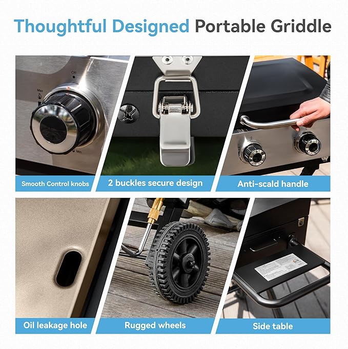 GREEN PARTY 2 Burner BBQ Propane Gas Griddle with Collapsible Stand, 18 Inch Portable Griddle with Side Table & 253 Sq. In. Cooking Area, Flat Top Gas Grill for Outdoor Cooking Garden Patio Backyard