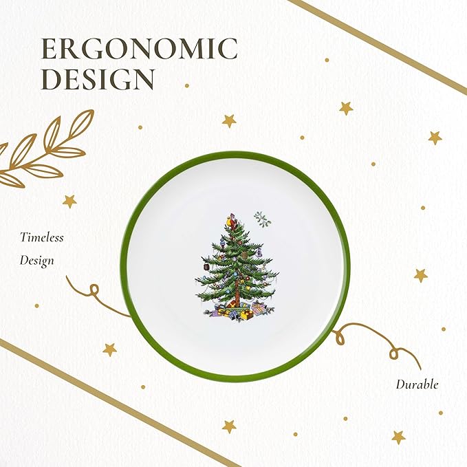 Spode Christmas Tree 3-Piece Melamine Dinnerware Set - 8" Plate, 5" Bowl, 10 Oz Mug - Festive & Durable Holiday Collection for Kids - Christmas Tableware with Classic Tree Motif, Dishwasher Safe