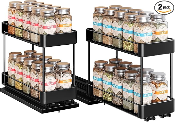 Nieifi Spice Rack Organizer for Cabinet, Vertical Spice Rack Pull Out, Easy to Install, Metal, 4.5''Wx10.35''Dx8.4''H, 2 Pack, 2 Tiers(Black)