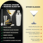 VEMACITY - Silver Luxury Home Mixology Cocktail Shaker Set with Silver Accessories - Glass Shaker with Built-In Strainer, 2 Ribbed Espresso Martini Glasses & Bar Tools - Gift Sets, Wedding Gift