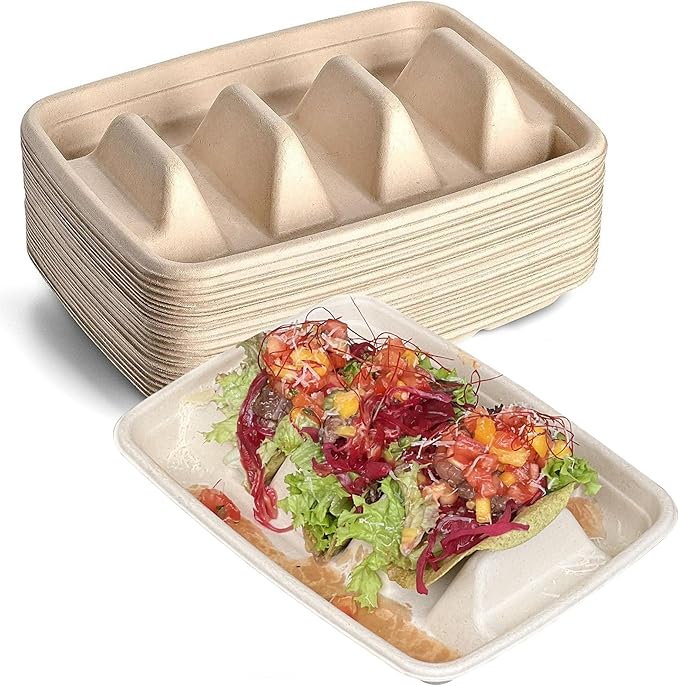 50-Pack 100% Compostable Biodegradable Paper Taco Holders, Eco-Friendly Disposable Paper Taco Tray for Taco Tuesday, Lazy Susan Taco Bar (50-Pack)