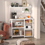 Aheaplus Bakers Rack with Power Outlet and LED Light Strings, Microwave Oven Stand Kitchen Storage Shelf with Wire Basket, Coffee Bar Station Island Table with 10 Hooks for Spices, Pots, Pans, White