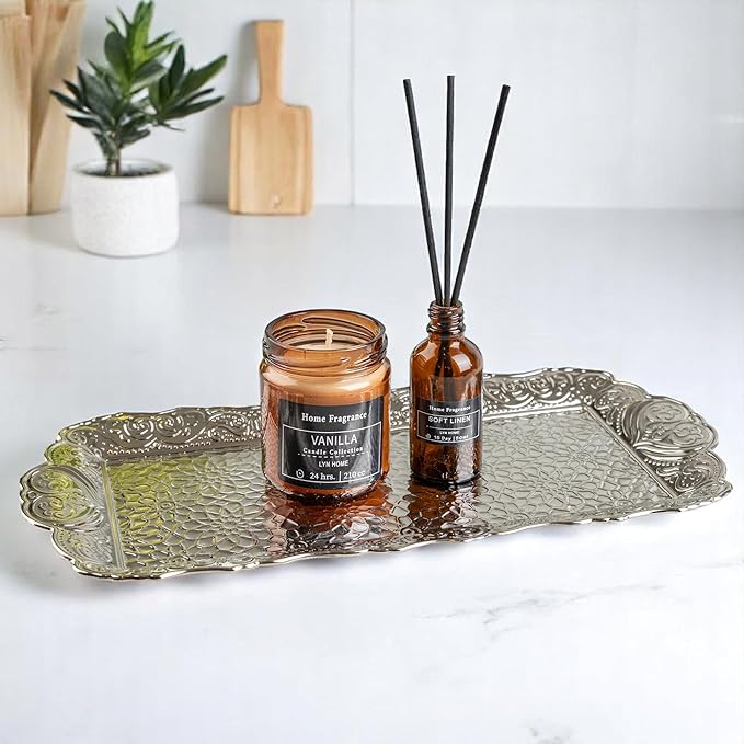 Alisveristime Small Ornate Metal Serving Tray – Ottoman Motif Decorative Tray (14.2" x 7.1", 10.8 oz) (Silver)