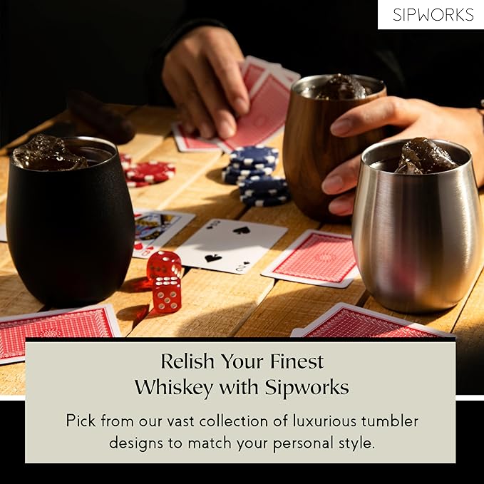 Sipworks Insulated Whiskey Tumbler - 8 oz Stainless Steel Bourbon Lowball Tumbler with Double Walled Vacuum Insulation - Spill Resistant Cocktail Nosing Glass Mug | Travel & Parties - Midnight Black