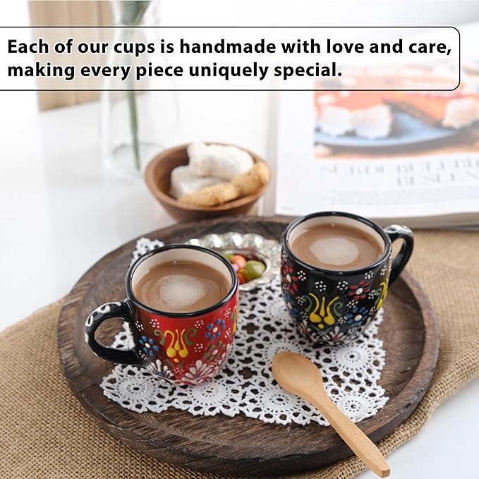 Espresso Cups Set of 2 | 4 oz Small Espresso Cups | Turkish Tea Cups | Demitasse Mugs with Handle | Modern Stackable Ceramic Espresso Mugs Set (RED/BLACK)