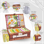 Picnic Basket Set for 4 with Waterproof Blanket Mat Insulation Bag Wicker Rainbow Stripe Cute Hawaiian Tropical Gift for Wedding Birthday Summer Camp Outdoor Camping Beach Travel Christmas