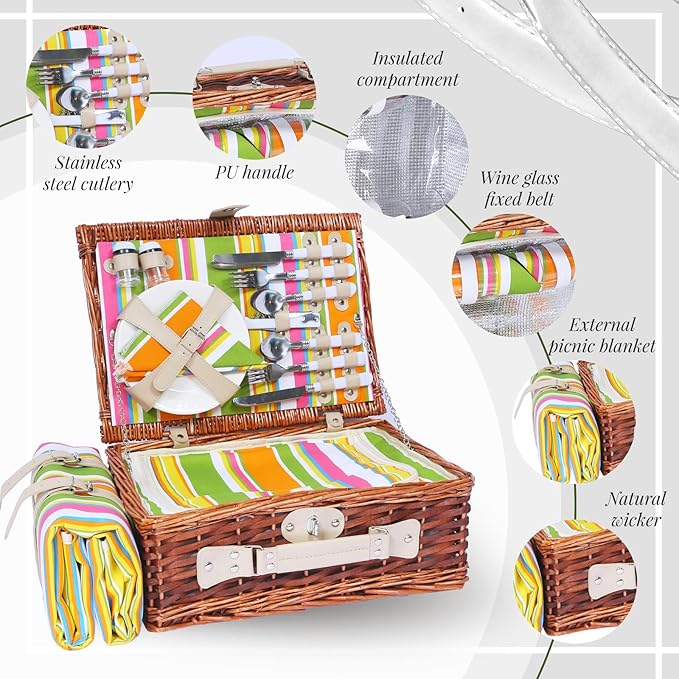 Picnic Basket Set for 4 with Waterproof Blanket Mat Insulation Bag Wicker Rainbow Stripe Cute Hawaiian Tropical Gift for Wedding Birthday Summer Camp Outdoor Camping Beach Travel Christmas