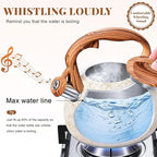 GGC Tea Kettle for Stove Top, Loud Whistling Kettle for Boiling Water Coffee or Milk, 3.1 Quart Stainless Steel Art Line White Pot with Wood Pattern Handle, Unique Button Control Outlet