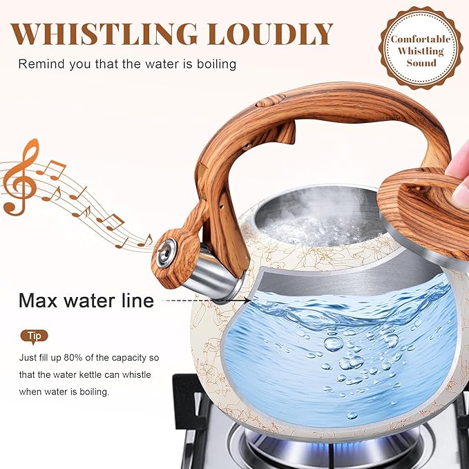 GGC Tea Kettle for Stove Top, Loud Whistling Kettle for Boiling Water Coffee or Milk, 3.1 Quart Stainless Steel Art Line White Pot with Wood Pattern Handle, Unique Button Control Outlet