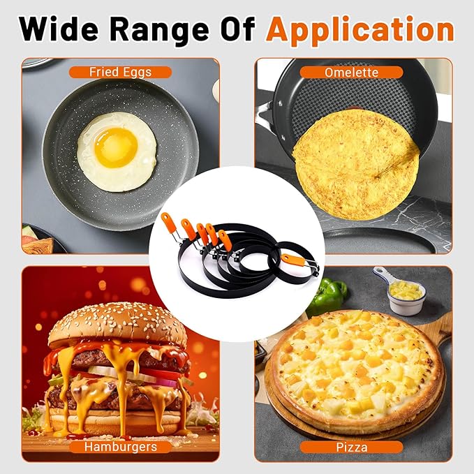 6 Pack Different Sized Egg Ring Set, Stainless Steel Round Egg Shaper with Silicone Handle & 1 Brush, Nonstick Egg Circles for Baking Pancake Griddle Muffin Omelette Cooking Frying (Black, Orange)