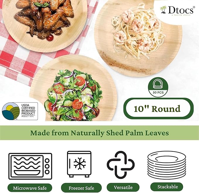 Dtocs Palm Leaf Plates 10 Inch Round (50) | Bamboo Plates Disposable Like Compostable Dinnerware Set for Party, Dinner, Serving Platters, Charcuterie Boards | Alternate to Plastic, Wood, Paper Plate
