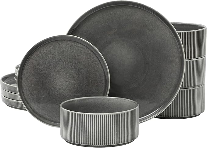 Gibson Elite Solana Coast 12 Piece Stoneware Reactive Glaze (Service for 4) Ceramic Plates and Bowls Modern Shape Embossed Dinnerware Set - Black