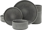 Gibson Elite Solana Coast 12 Piece Stoneware Reactive Glaze (Service for 4) Ceramic Plates and Bowls Modern Shape Embossed Dinnerware Set - Black