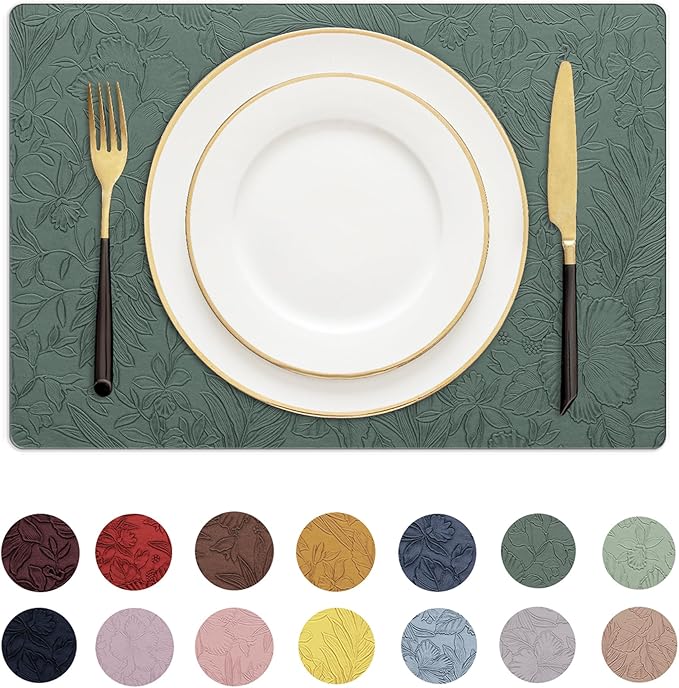 Romanstile Vinyl Placemats Set of 8-12 X 18 Inch - Heat Resistant Non-Slip Embossed Floral Place Mats 100% Waterproof Oilproof Wipeable Faux Leather Table Mats for Kitchen/Dining/Party, Green