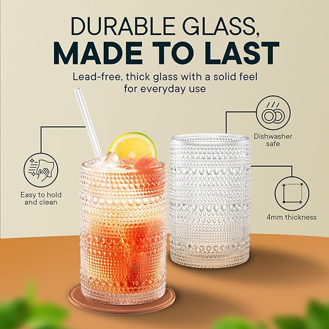 15 OZ Hobnail Drinking Set of 12 – Vintage Embossed Glassware, Textured Tumblers for Water, Beer, Cocktails, Mocktails, Whiskey & More – Includes Straws and Coasters – Clear