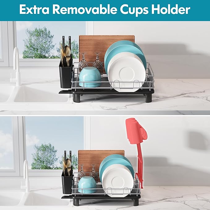 BOOSINY Dish Drying Rack for Kitchen Counter, Stainless Steel Dish Drainers with Drainboard Set, Space Saving, Compact Metal Plates Strainers Rack with Cup Holder, Utensil Holder