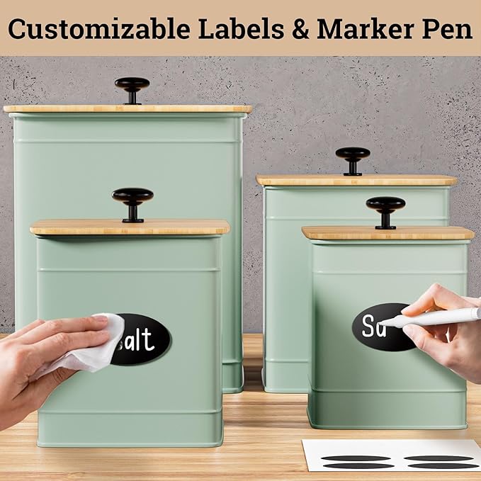 Kitchen Canisters for Countertop Set of 4 with Customizable Chalkboard Labels & Marker Pen - Big Iron Kitchen Canisters with Airtight Lids - Sage Green Canister Set - Flour and Sugar Containers
