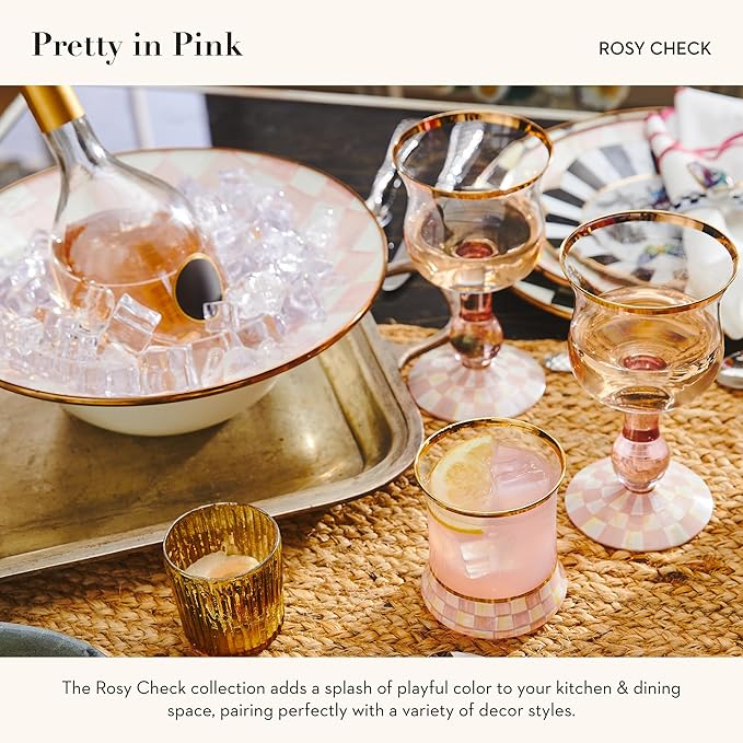 MACKENZIE-CHILDS Tumbler Glasses, Elegant Drinkware, Glasses with Gold Rim, 8 Ounces, Set of 2, Pink-and-White Rosy Check