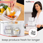 Premium Fruit Storage Containers for Fridge with Veggie Peeler – 3-in-1 Produce Containers for Fridge with Strainer & Removable Colander – Large, Clear Fruit and Vegetable Storage Organizer (Set of 3)
