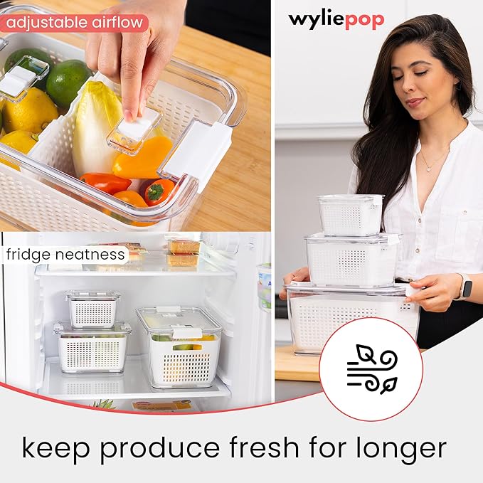 Premium Fruit Storage Containers for Fridge with Veggie Peeler – 3-in-1 Produce Containers for Fridge with Strainer & Removable Colander – Large, Clear Fruit and Vegetable Storage Organizer (Set of 3)