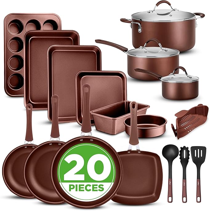NutriChef 20 Piece Professional Home Kitchen Cookware and Bakeware, Pots and Pans Set Non Stick Kitchenware, Cool-Touch Handles, Safe for Gas, Electric, Induction Cooktops, Easy Clean, Brown