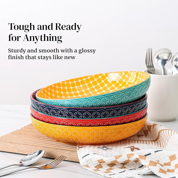 DOWAN 10" Vibrant Pasta, Salad & Soup Serving Bowls Set of 4, Embossed Large Porcelain Ceramic, Microwave & Dishwasher Safe, Bonita Design Dinnerware Dishes for Daily Dining, Family Gatherings, Party