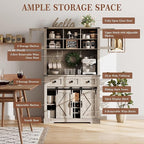 72" Farmhouse Bar Cabinet with Sliding Barn Door, Tall Kitchen Buffet with Storage Hutch and 3 Drawer, Rustic Coffee Wine Bar Sideboard with Wine & Glasses Rack, for Living Room, Washed Grey
