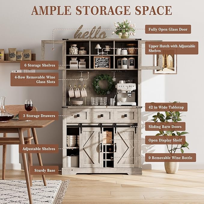 72" Farmhouse Bar Cabinet with Sliding Barn Door, Tall Kitchen Buffet with Storage Hutch and 3 Drawer, Rustic Coffee Wine Bar Sideboard with Wine & Glasses Rack, for Living Room, Washed Grey
