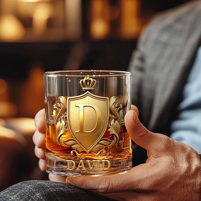 Personalized Whiskey Glass | Custom Golden 3D Initial Badge with Name | 10 oz Drinking Glass Customized Gifts for Man Bartender Whiskey Enthusiast
