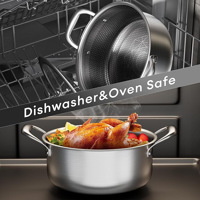 COOKER KING Hybrid Nonstick 6 Pcs Pot Set, 1.5 & 2QT Saucepan and 5-Quart Pots with Glass Lids, Induction Stainless Steel Cookware, Stay-Cool Handles, Dishwasher Safe, Compatible with All Cooktops