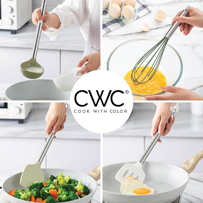 COOK WITH COLOR Silicone Cooking Utensils, Kitchen Utensil Set, Easy to Clean Silicone Kitchen Utensils, Cooking Utensils for Nonstick Cookware, Kitchen Gadgets Set, 38 Piece, Green