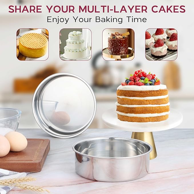 Onader 6 Inch Round Cake Pan Tin Set of 3, Stainless Steel Small Baking Pan for Wedding Birthday
