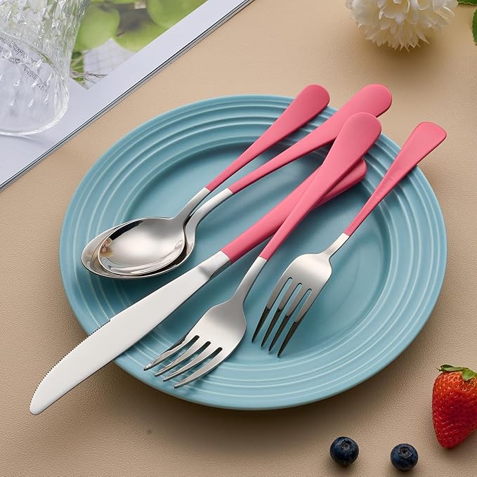 20-Piece Pink Silverware Set for 4, 18/0 Stainless Steel Flatware Cutlery Utensils Set, Include Dinner Knives,Dinner Forks,Dinner Spoons,Salad Forks,Teaspoons,Dishwasher Safe