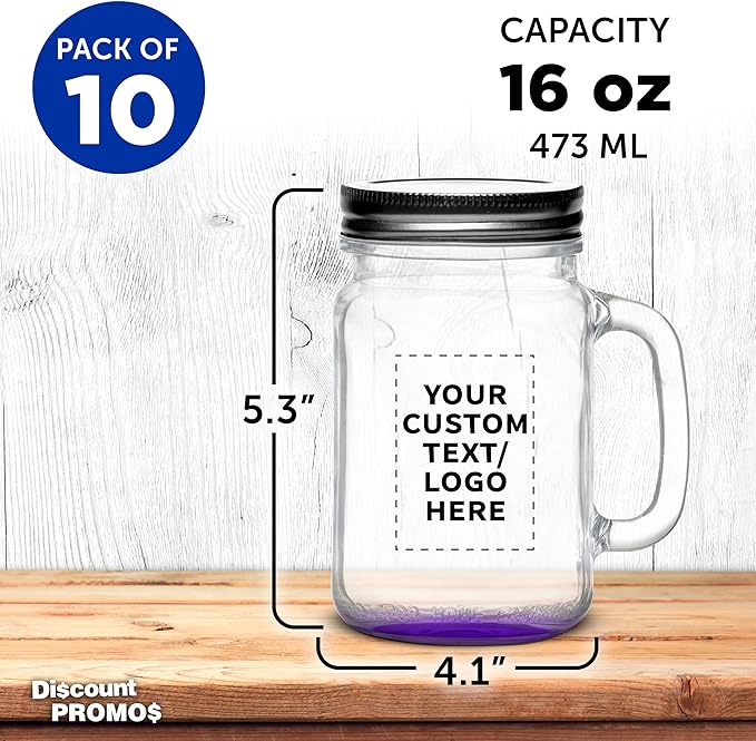 DISCOUNT PROMOS Custom Libbey Handle Mason Jars w/Lids 16 oz. Set of 10, Personalized Bulk Pack - Traditional style, High standard - Purple