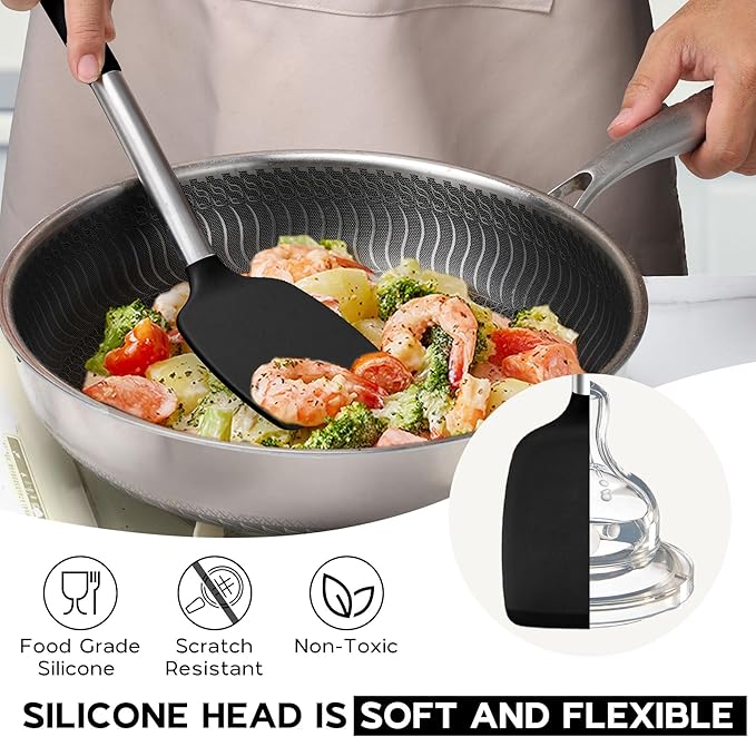 Kitchen Utensils Set, 15 Pcs Silicone Cooking Utensils Set with Holder and Heat Resistant Stainless Steel Handle for Nonstick Cookware - Black