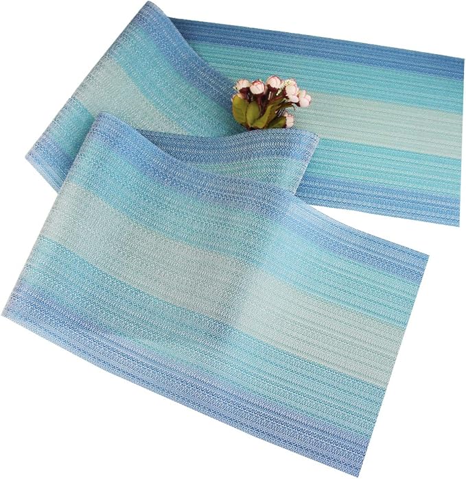 PIGCHCY Placemats Set of 6 and Table Runner,Heat Resistant Vinyl Woven Washable Table mats Sets (6 Placemats+1 Table Runner, Coastal Blue)