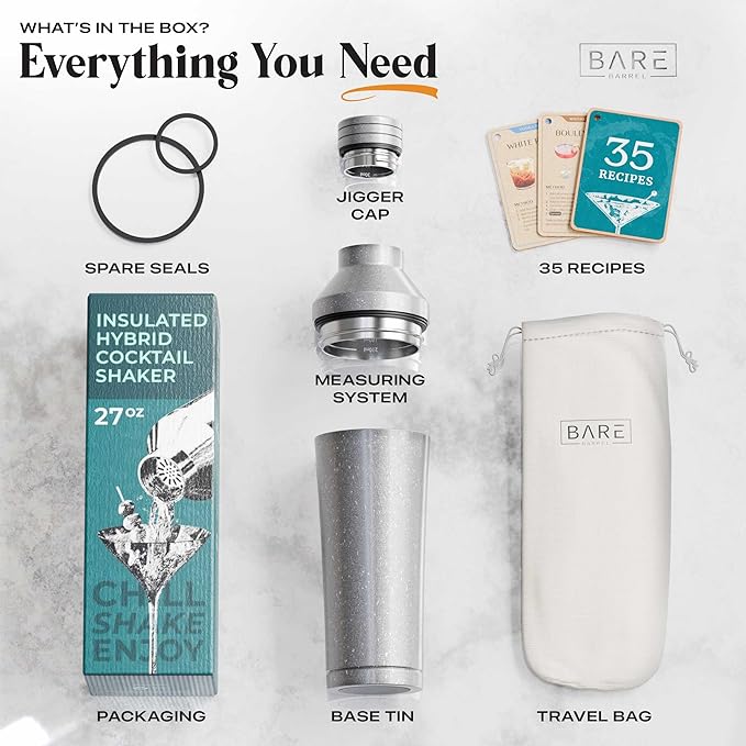 Insulated Cocktail Shaker Set | Double Wall Stainless Steel | Martini Shaker for Home Bar Bartending | Built-in Drink Measurement System & Strainer, Travel Bag, 35 Recipes | Gift Set (Antique Silver)