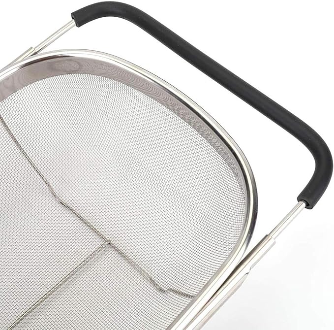 Over The Sink Stainless Steel Oval Colander with Expandable Rubber Grip Handles Strainers, Fine Mesh Strainer Basket Kitchen 6 Quarts Colander for Strain, Drain, Rinse Fruits, Vegetables