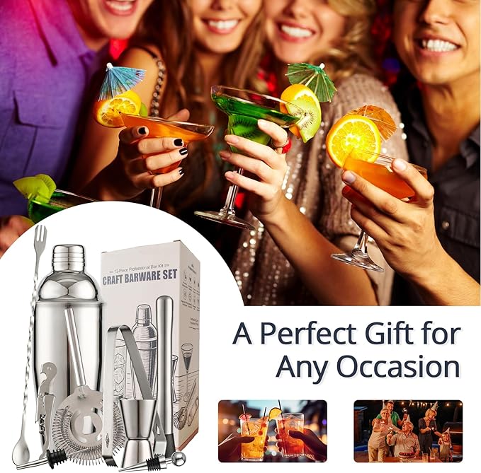 13-Piece Bartender Kit Bar Tool Set – Boston Cocktail Shaker Set with Muddler,Strainer,Jigger,Spoon–Home Bar Accessories and Drink Mixer Gift for Bartesian,Housewarming, Bar Cart Decor