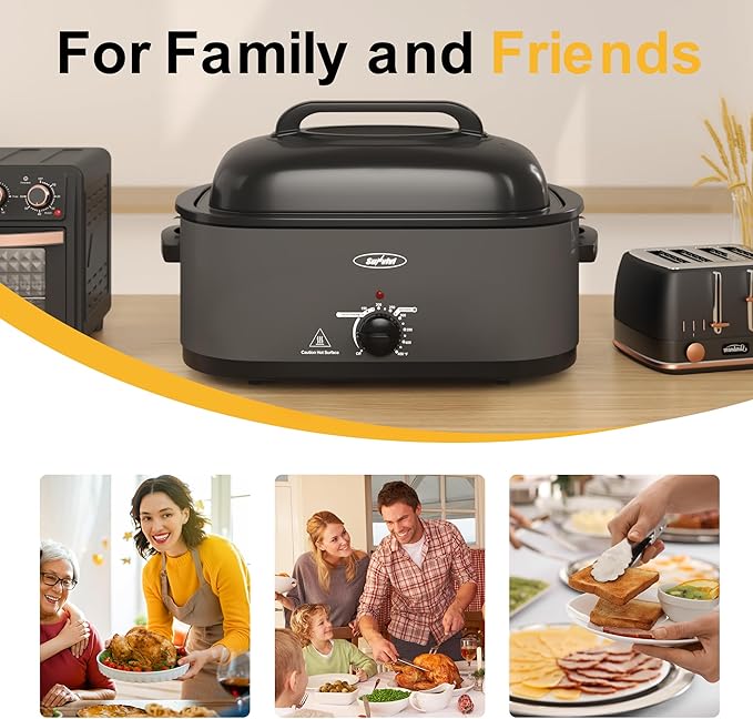 Sunvivi Electric Roaster Oven with Viewing Lid, 26-Quart Turkey Roaster, Defrost/Warm Function, Removable Pan & Rack, Stainless Steel, Grey
