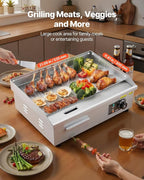 VEVOR Commercial Electric Griddle, 21.06 x 11.81 inch, 1750W, 122-570°F Adjustable Temp Control, Stainless Steel Body, Half Grooved Half Flat, with 2 Spatulas, 2 Brushes, and 4 Foot Pads, for Steak