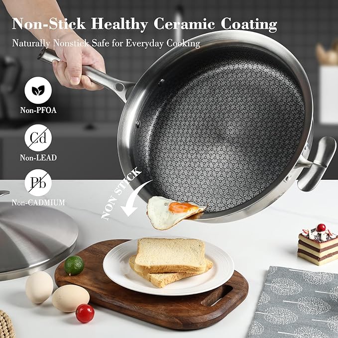 12 Inch Frying Pan with Lid, Tri-ply Stainless Steel Saute Pan, Non Stick Pans, Non Toxic Frying Pan, 5.2 QT Deep Skillet PTFE&PFOA Free, Induction, Oven & Dishwasher Safe