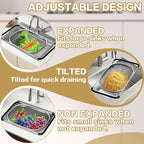 Over the Sink Colander - Strainers and Colanders - Stainless Steel Strainer - Expandable Sink Colander with Rubber Grip for Strain, Drain, Rinse Fruits, Vegetables, Home Kitchen Essentials