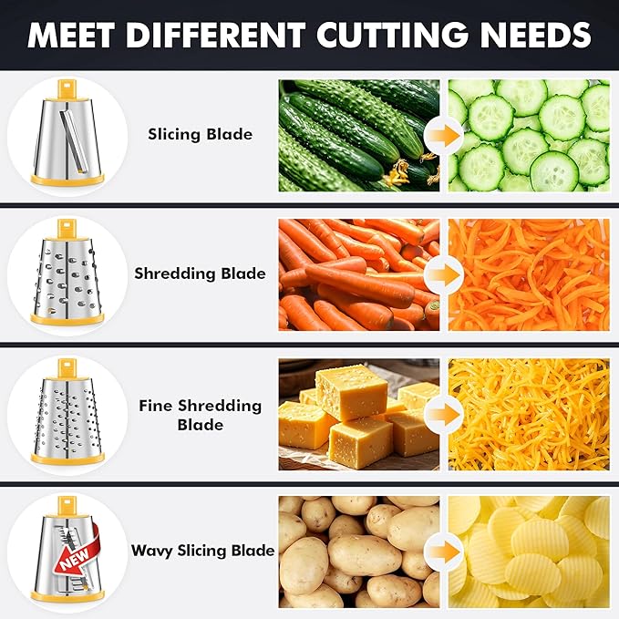 Geedel Rotary Cheese Grater - Upgraded Vegetable Shredder with 4 Interchangeable Blades, Easy to Clean Cheese Shredder with Handle, Kitchen Grater Nuts Grinder for Cutting Cheese, Vegetable, Nuts