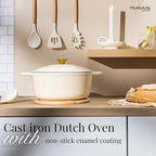 Nuovva Enamelled Cast Iron Dutch Oven Pot with Lid – 6.4 Quart Non Stick Casserole Pot – Heavy Duty & Oven Safe up to 500° F for Bread Baking, Braising, Stews, Roasting – 28cm Cream