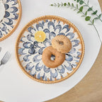 Round Rattan Tray for Home Decor 11.8 inch, Modern and Boho Decor Serving Tray with Mother of Pearl Inlay, Wicker Basket for Coffee Table, Hand Woven Decorative Tray Plates (Black)