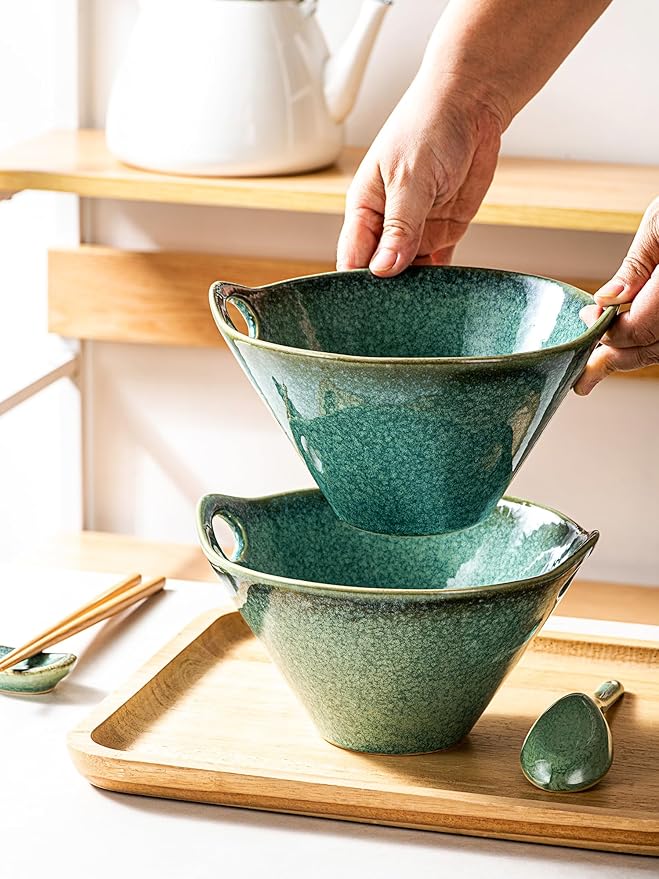 HENXFEN LEAD Japanese Ramen Noodle Bowl Set of 2-30 Oz Large Porcelain Salad Bowls with Chopsticks, Soup Spoons and Rests, Kitchen Serving Dishes for Pho, Udon
