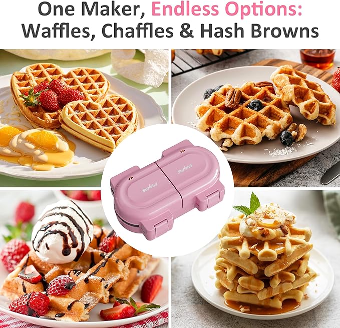 Sunvivi Double Belgian Waffle Maker with Dual Removable Nonstick Plates, Stainless Steel Round Waffle Iron, Fast Preheat, Flip-Style Easy One-Button Operation, PFOA-Free, Pink