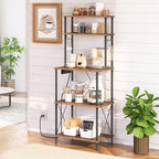 HOOBRO Kitchen Bakers Rack with Power Outlets, 5-Tier Microwave Stand, Coffee Bar with S-Shaped Hooks, Kitchen Storage Shelf Rack for Living Room, Dining Room, Rustic Brown and Black BF80UHB01